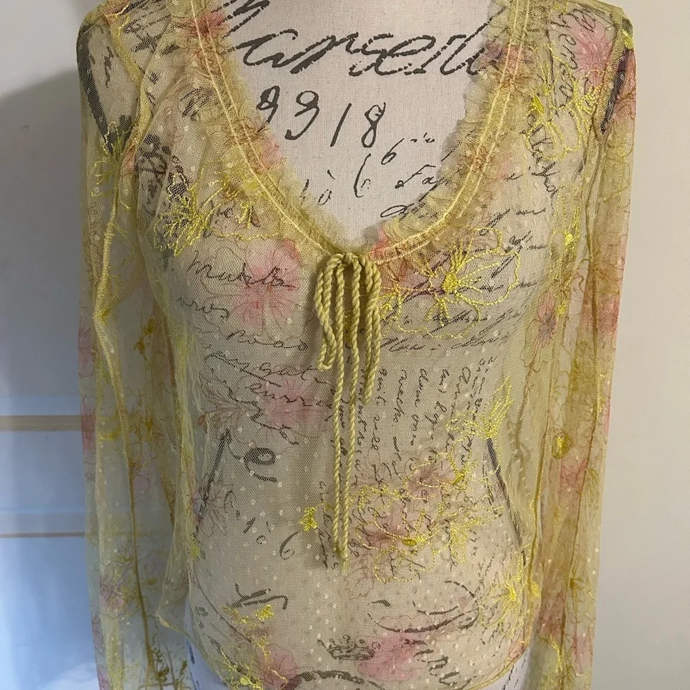 Free People Floral Sheer Yellow Top NWOT